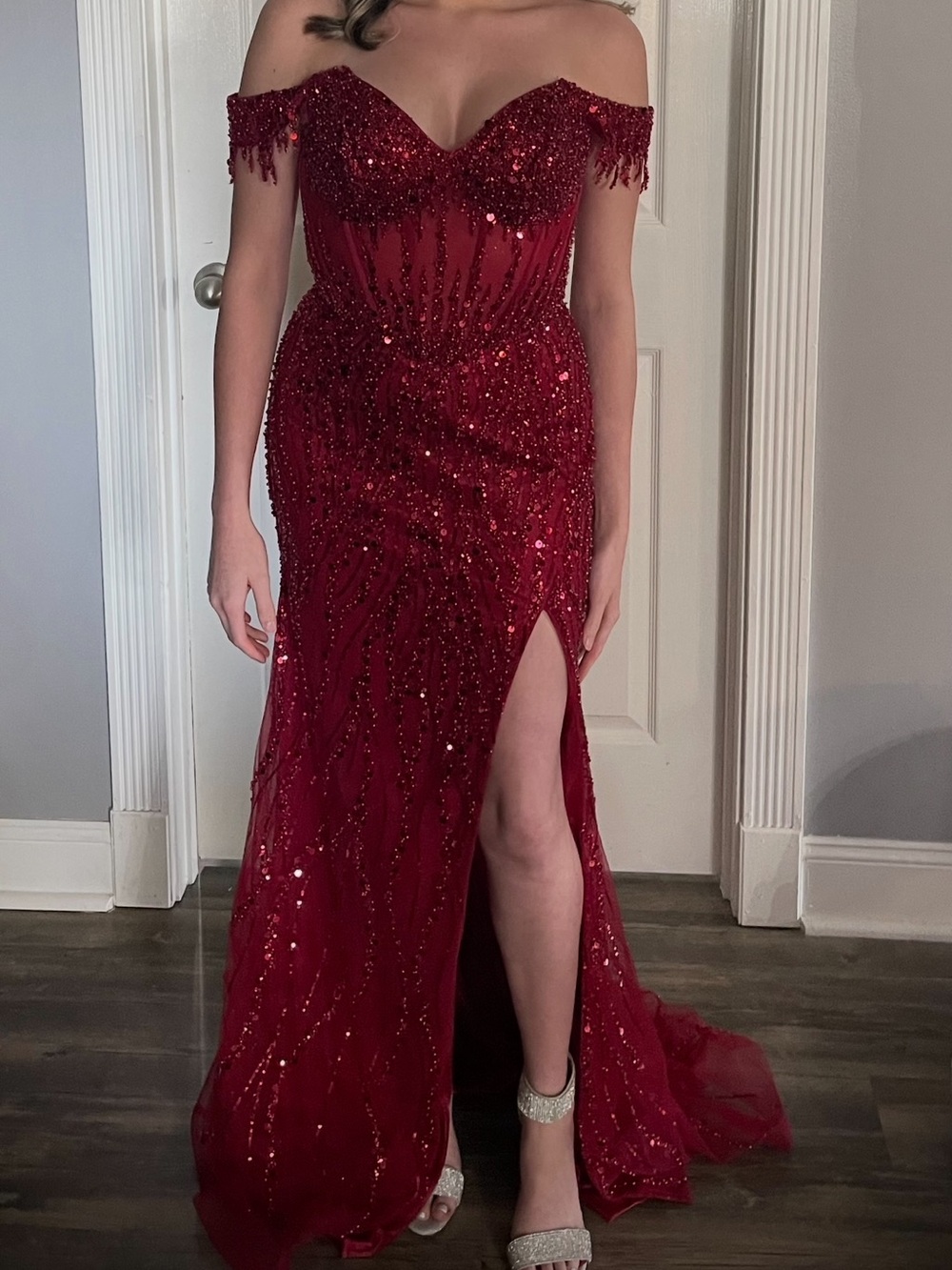 Off-Shoulder Red Sequin Evening Gown